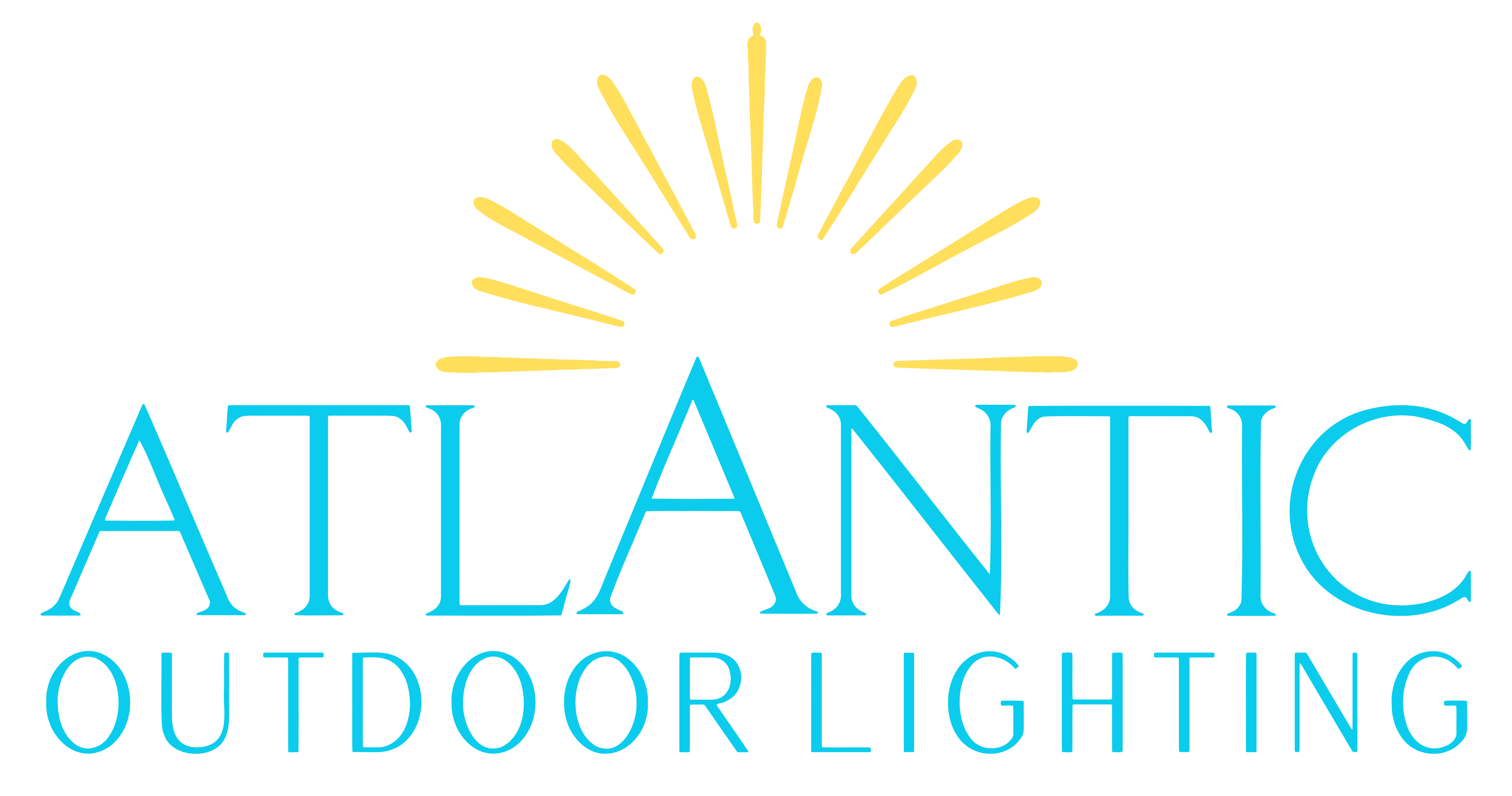 Atlantic Outdoor Lighting logo. Yellow sunburst and aqua text.