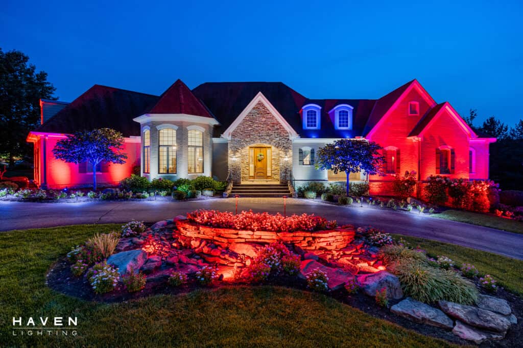 Haven Red-white-blue house at night